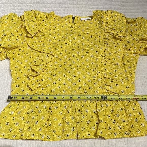 A Loves A Womens Floral Eyelet Ruffle Cottage Boho Yellow Top Size L Zip Back - Picture 9 of 11